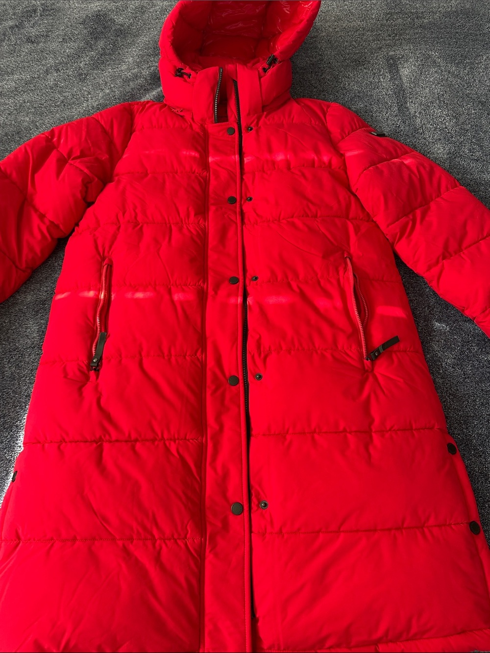 BCBGMaxAzria Red Hooded Long Puffer Coat